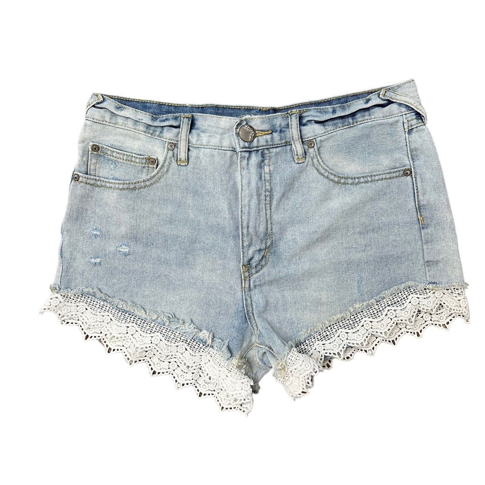 Free People Size 27 Cut Off Jean Shorts Boho Lace Crochet Hem Denim Distressed - Picture 2 of 13